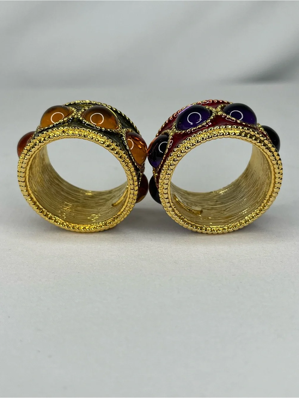 Vintage Luxury Hand Enameled Napkin Rings By Mike+Ally-Gold With Stones